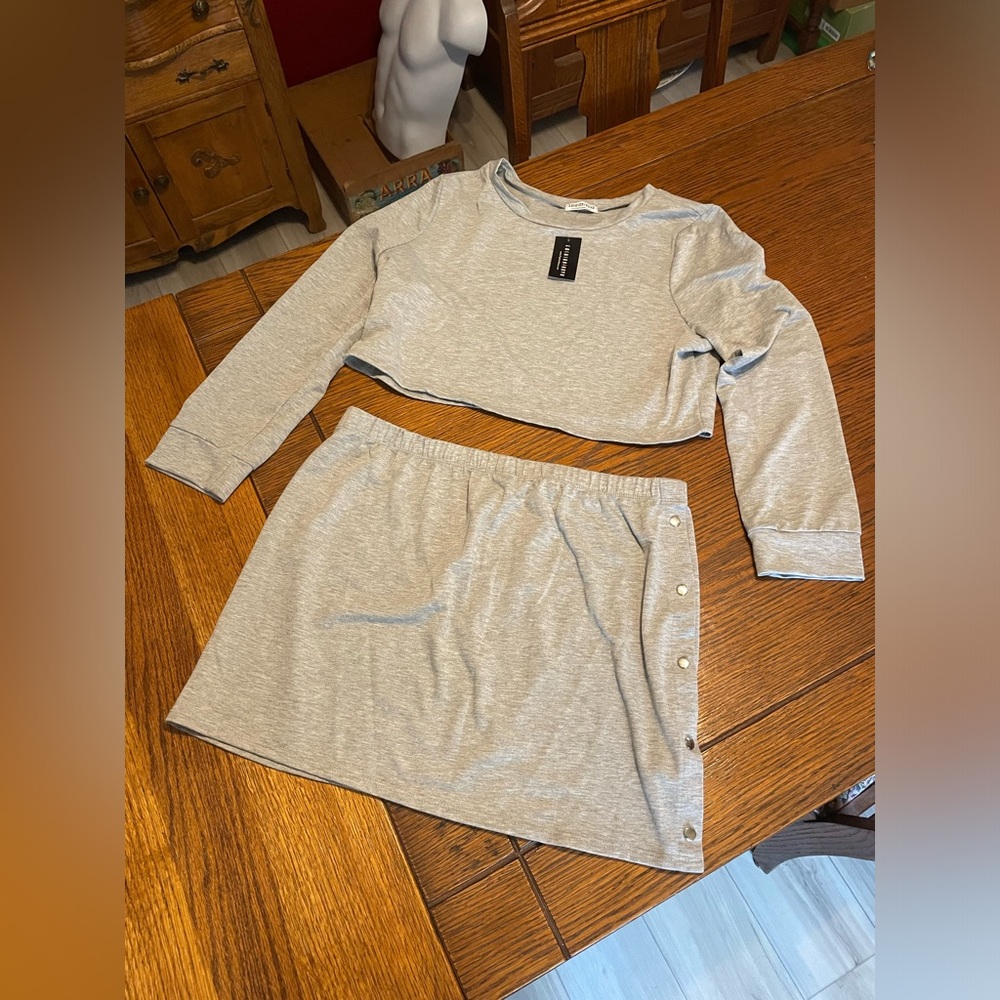 Fashion Nova Light Heather Gray Cropped Lounge Top & Snap Skirt Set